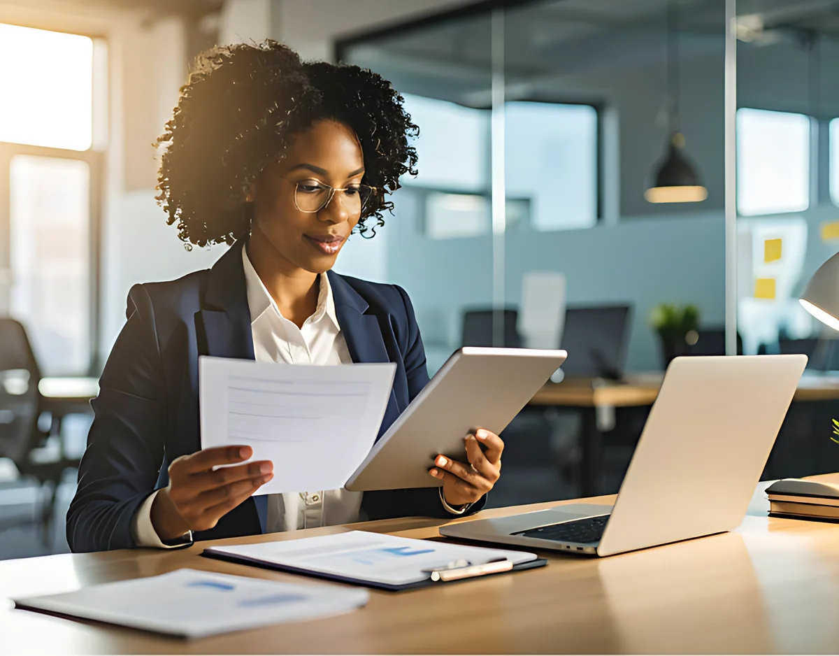 Responsable administrative qui relit un document devant son ordinateur